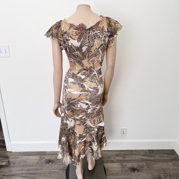 [Komarov] Brown Paisley Print V-Neck Fall Flutter Sleeve Midi Dress Sz Medium M - Picture 2 of 11
